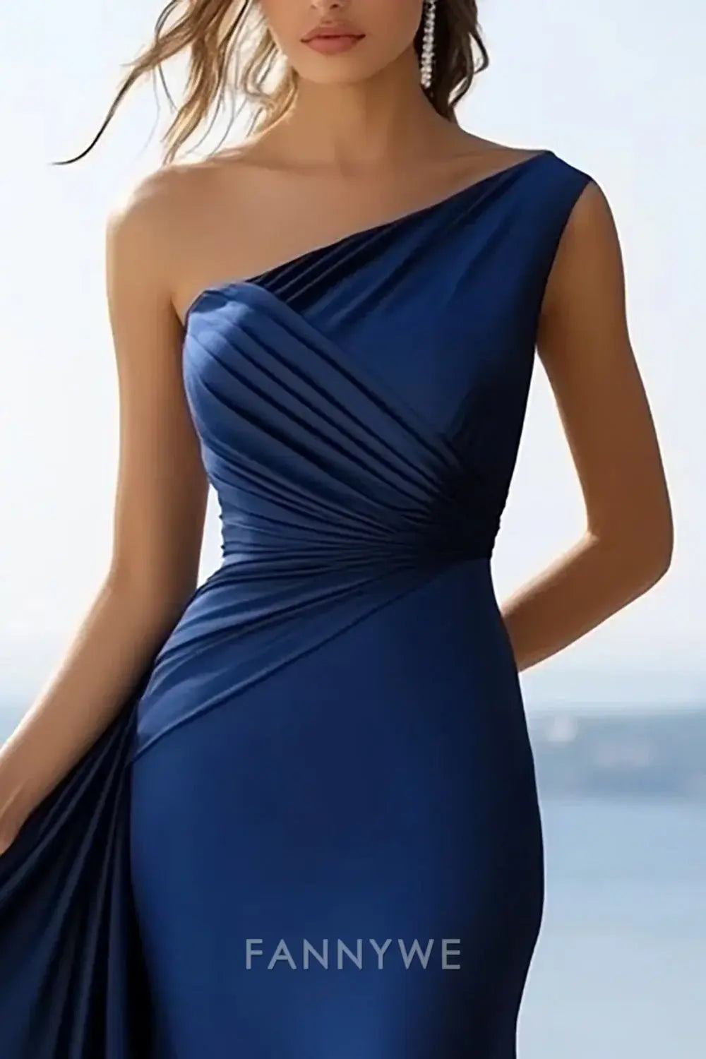 FannyWe Simple Navy Satin Mermaid Long One Shoulder Formal Dress